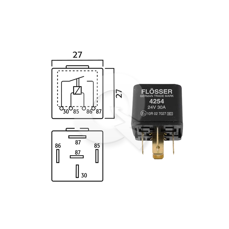 Relé 24V 5P 87 FLOSSER S/ Diodo 4254